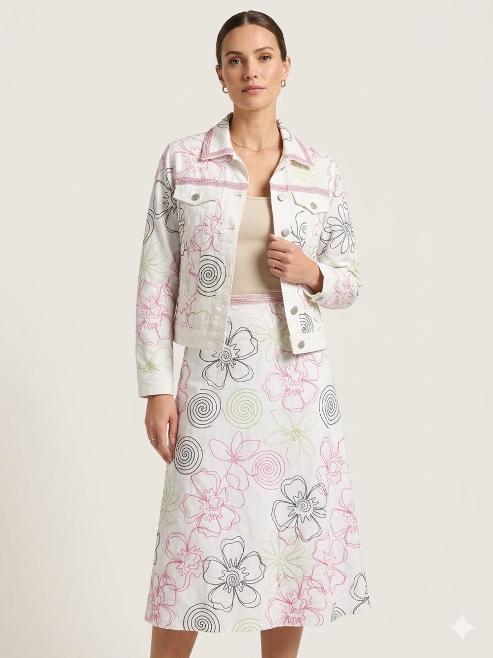 Vtg Liz Claiborne Embroidered Floral Denim Jacket & Midi Skirt Set Y2K Size 12/L